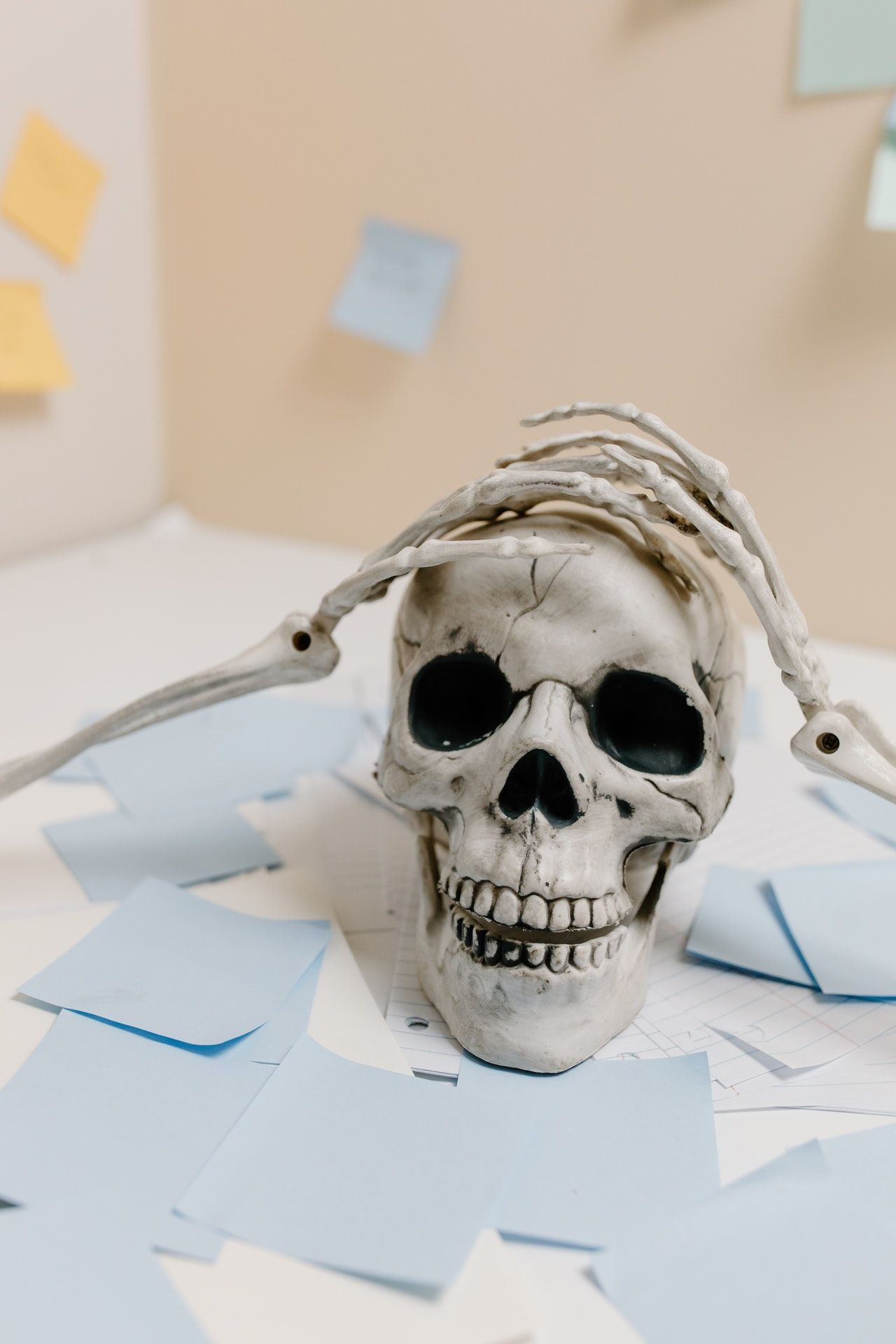 human skull and skeletal arms clasped in frustration surrounded by sticky notes
